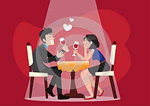 Romantic dinner for two Men and women holding glasses chatting happily. vector illustration