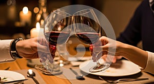 Romantic dinner with wine glasses clinking in a cozy setting