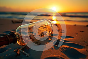 Romantic discovery message in a bottle ashore at sunset