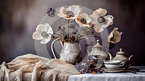 Romantic Dramatic Landscapes: Anemones, Teapot, And Flowers On A Table