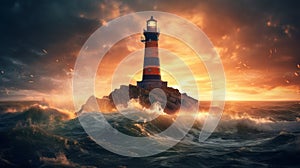 Romantic Dramatic Landscapes: A Photorealistic Fantasy Of A Lighthouse On A Stormy Sea