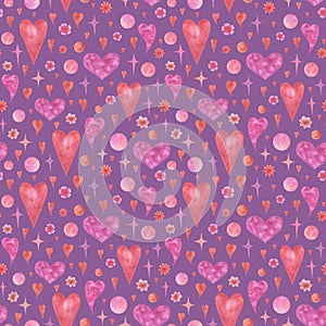 Romantic drawing with hearts, stars and flowers. Watercolor seamless pattern on a purple background