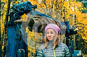 A romantic drill machine and a cute rural girl in autumn