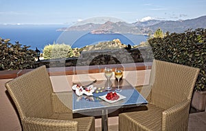 Romantic drink in corsica with strawberries and wine