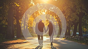 Romantic elder couple taking a walk through the park while holding hands