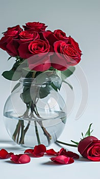 Romantic elegance Red roses in glass vase on white background