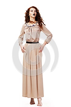 Romantic Elegant Barefoot Frizzy Woman in Brown
