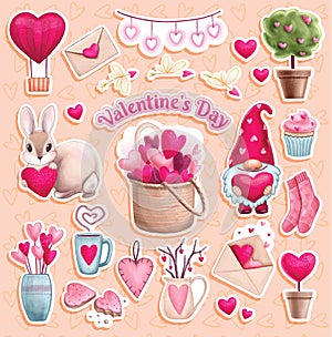 Romantic elements on Valentine's Day. Colored heart stickers, stylized flowers, gnome, rabbit
