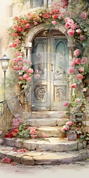 Romantic Emotion: A Beautiful Painting Of A Door Overflowing With Pink Flowers