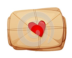 Romantic Envelope, love letter with wax seal heart shape rope in cartoon style isolated on white background.