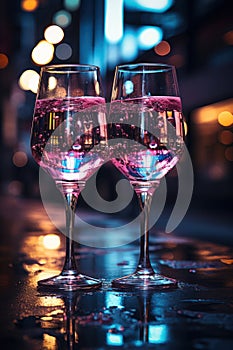 romantic escape in Paris, new year eve wine in the evening, glasses of champagne on Christmas background, glass wine at sunset
