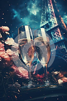 romantic escape in Paris, new year eve wine in the evening, glasses of champagne on Christmas background, glass wine at sunset