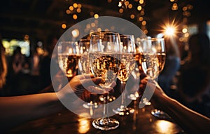 romantic escape in Paris, new year eve wine in the evening, glasses of champagne on Christmas background, glass wine at sunset