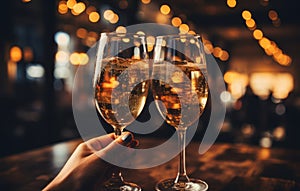 romantic escape in Paris, new year eve wine in the evening, glasses of champagne on Christmas background, glass wine at sunset