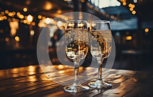 romantic escape in Paris, new year eve wine in the evening, glasses of champagne on Christmas background, glass wine at sunset