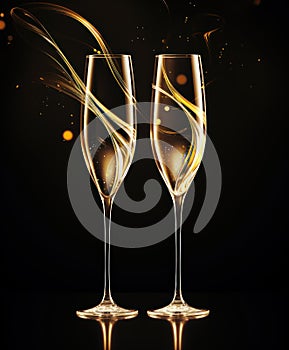 romantic escape in Paris, new year eve wine in the evening, glasses of champagne on Christmas background, glass wine at sunset