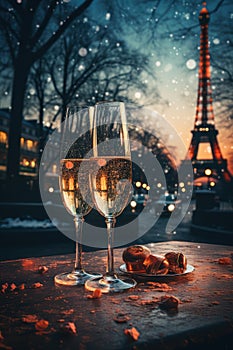 romantic escape in Paris, new year eve wine in the evening, glasses of champagne on Christmas background, glass wine at sunset