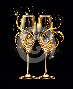 romantic escape in Paris, new year eve wine in the evening, glasses of champagne on Christmas background, glass wine at sunset