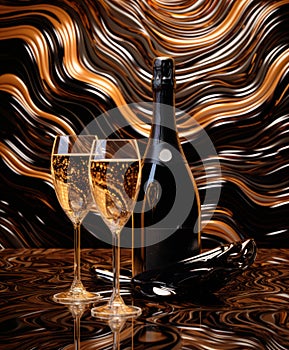 romantic escape in Paris, new year eve wine in the evening, glasses of champagne on Christmas background, glass wine at sunset