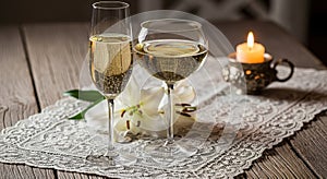 Romantic evening ambiance two glasses of white wine and candlelight on rustic table