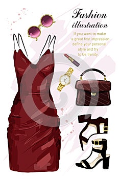 Romantic evening clothing set. Fashion clothes set with dress, shoes, hand bag, lipstick, sunglasses, watch. Sketch.