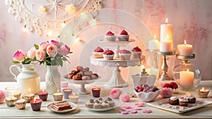 Romantic evening dessert display with candles and flowers. Generative AI