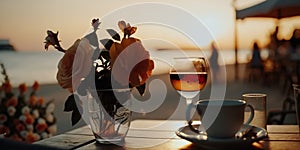 romantic relaxing sunset beach cafe ,cup of coffee ,glass of wine,weet cake and flowers on table