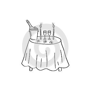 Romantic evening hand drawn vector illustration. A table with an ice bucket and a bottle of champagne, burning candles