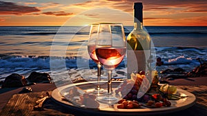 romantic evening with two glasses of wine on the beach. sunset.