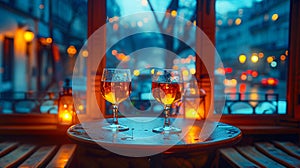 Romantic Evening with Wine Glasses on Bar Table. Generative ai