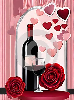 Romantic evening: wine roses hearts detailed ambiance.