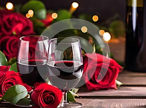 Romantic evening: wine roses hearts detailed ambiance.