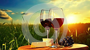 Romantic Evening Wine Tasting in Vineyard at Sunset. GenerativeAI