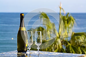 Romantic event, bottle with cold sparkling wine, cava or champagne served with two glasses on table with sea view and palm tree