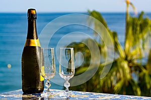 Romantic event, bottle with cold sparkling wine, cava or champagne served with two glasses on table with sea view and palm tree