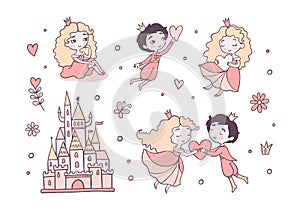 Romantic fairy tale flat color vector characters set