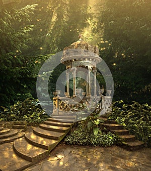 Romantic Fairytale Gazebo in Magical Forest Fantasy Background- 3D illustration