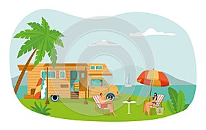 Romantic family couple outdoor camper travel, vacation relax trailer house ocean shorefront flat vector illustration photo