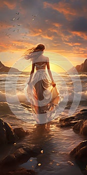 Romantic Fantasy: Woman In Dress Standing On Ocean At Sunset