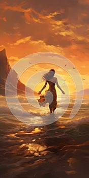 Romantic Fantasy: Woman Walking In Water At Sunset
