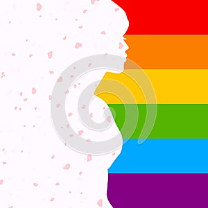 Romantic female silhouette in rainbow colors. Flying hearts. LGBT Pride Month in June. LGBT flag. Rainbow love concept