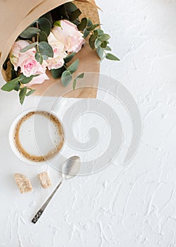 Romantic feminine background with coffee and roses