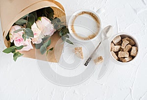 Romantic feminine background with coffee and roses