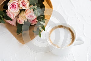 Romantic feminine background with coffee and roses