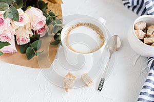 Romantic feminine background with coffee and roses