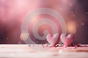Romantic and festive valentine s day pink hearts background with glowing lights and bokeh effect