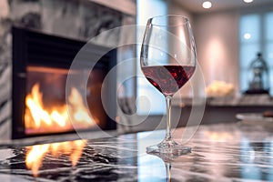 Romantic fire in the fireplace and a glass of red wine.