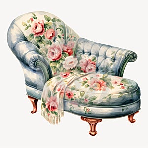 Romantic Floral Design Sofa With Realistic Watercolor Motifs