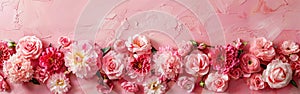 Romantic Floral Frame with Peonies and Roses on Pink Background for Wedding