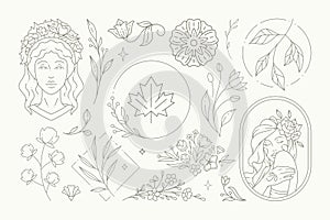 Romantic floral logo monochrome set vector illustration. Beautiful female decorative flower design